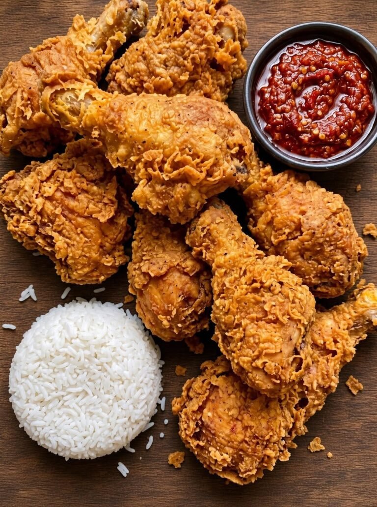 Crispy Fried Chicken Drumsticks with Fluffy Rice and Fresh Pepper Sauce