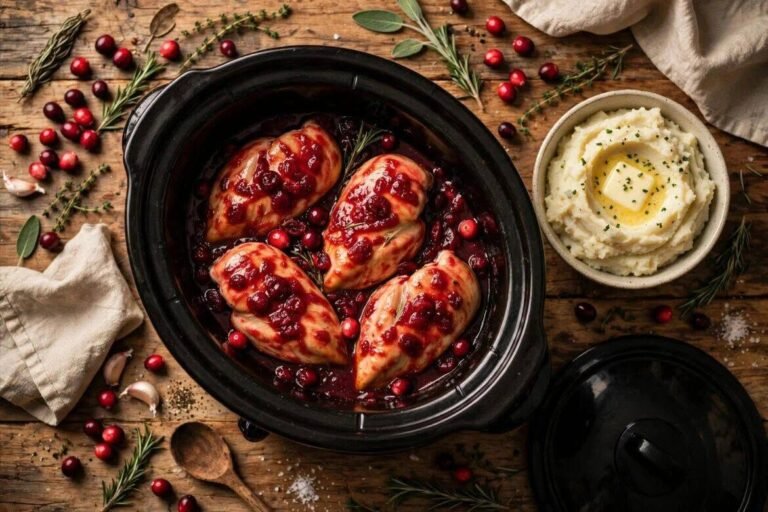 Dump canned cranberry sauce on top of chicken breasts, together with 1 ingredient, into slow cooker for a savory meal that disappears faster than anything.